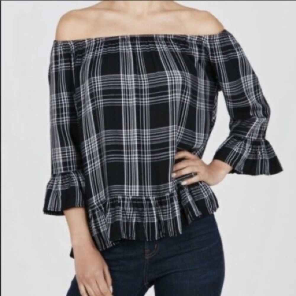 Beachlunchlounge Sheetal Black & White Plaid Off Shoulder Top